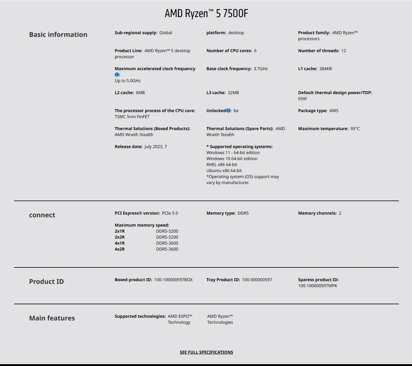 AMD Ryzen 5 7500F 3.7GHz 6-Cor - Pc Gaming Ryzen avis et prix